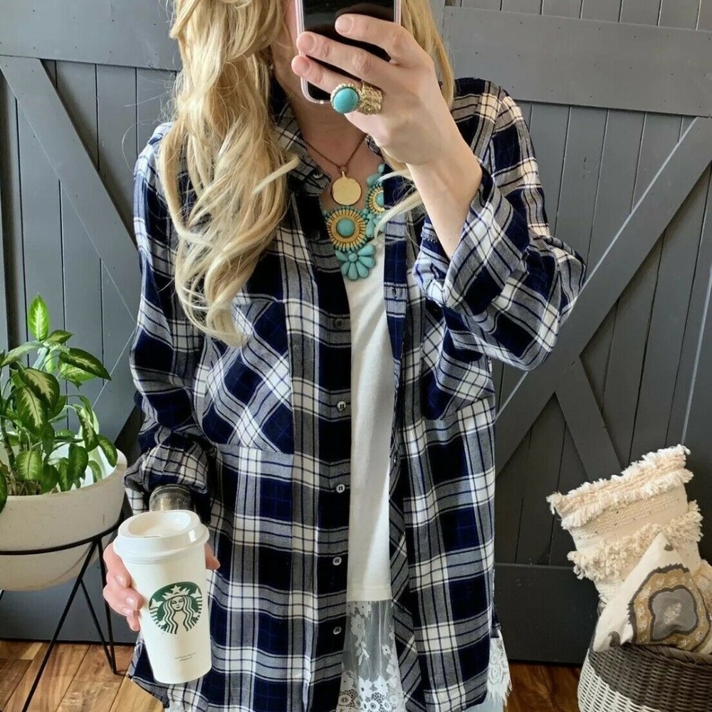 New Plaid Navy Plus Size Button Up Blouse Top - Picture 2 of 8